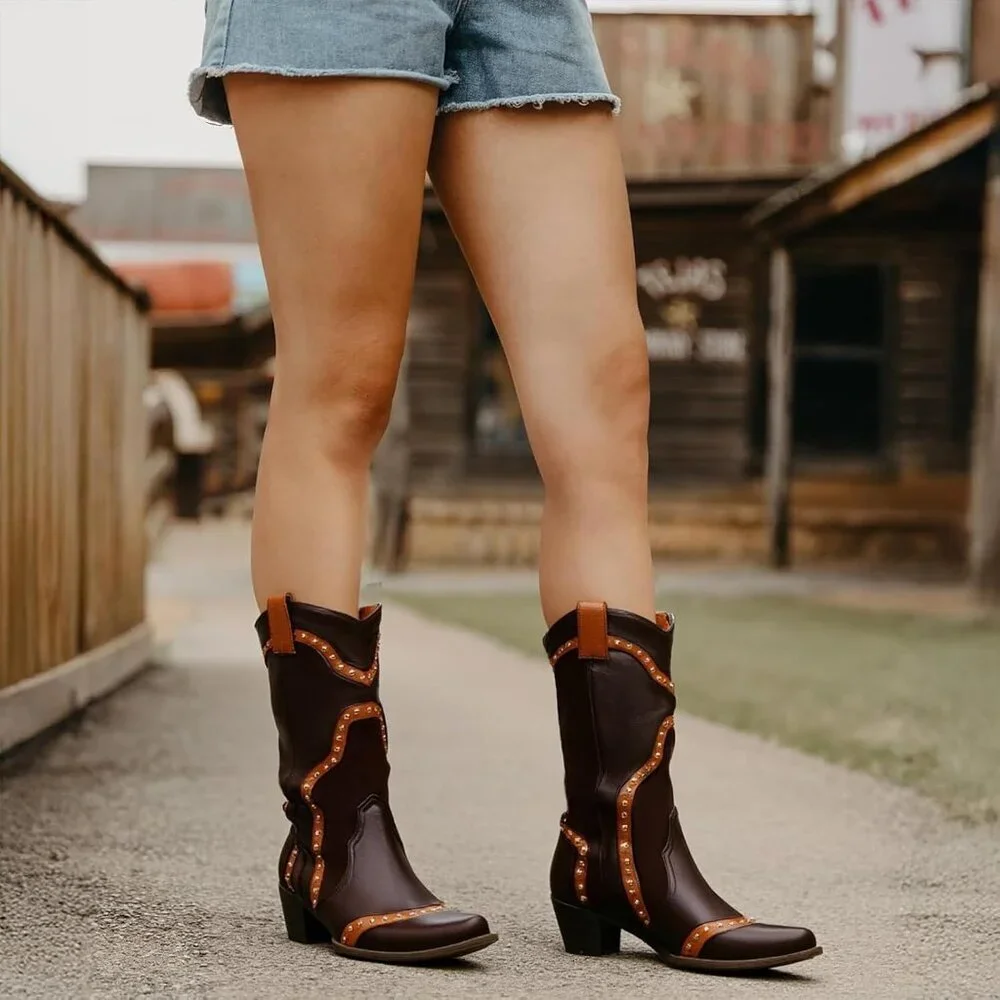 Unisex Brown Cowboot Pointed Toe Pull On Mid Calf Fashion Dress Boots